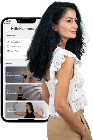 Woman in front of a Hello Inside App Screen